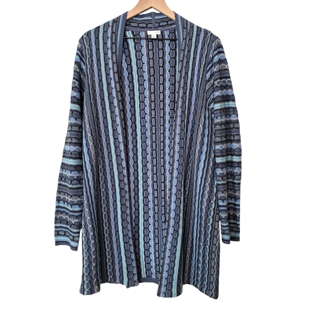 J Jill Multicolor Knit Pattern Blue Striped Open Cardigan Long Sweater